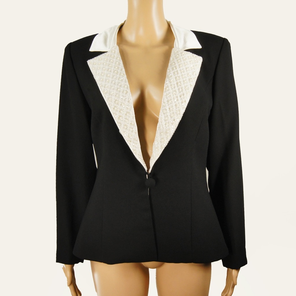 Vintage Karen Miller Pearl Beaded Embroidered White Black Blazer Jacket